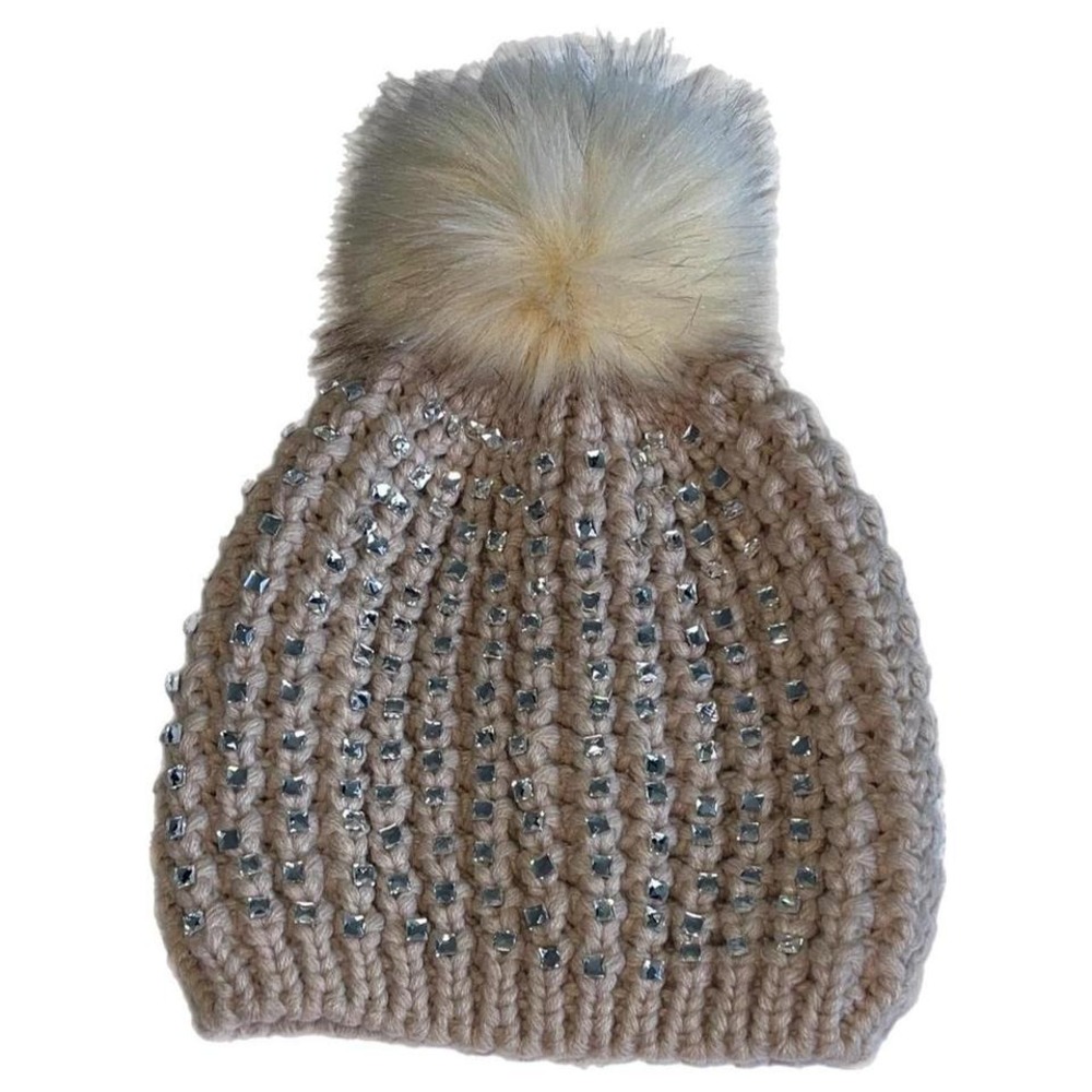Cute Rib Knit Winter Bennie Hats with Fur Pom & Rhinestone Tan One Size